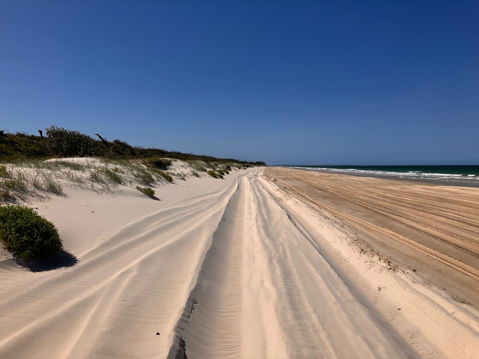 Wheel tracks from 4WD are visible the length of a white beach.